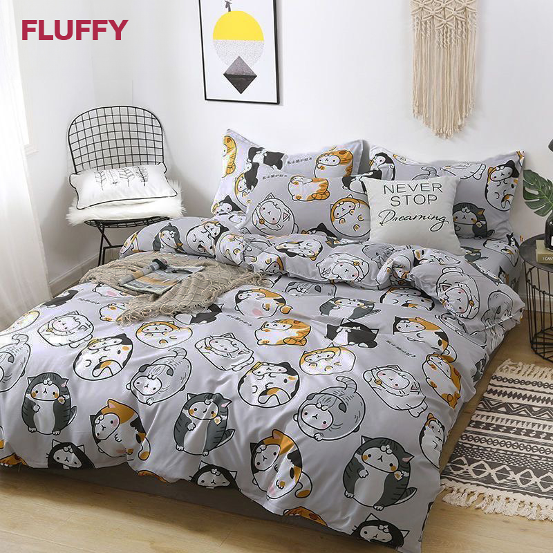 ชุดผ้าปูที่นอน 3.5ฟุต 4ชิ้น Fluffy ผ้า cotton คอลเลคชั่น Dreamy ลาย Lazy cat รวมผ้านวม_0